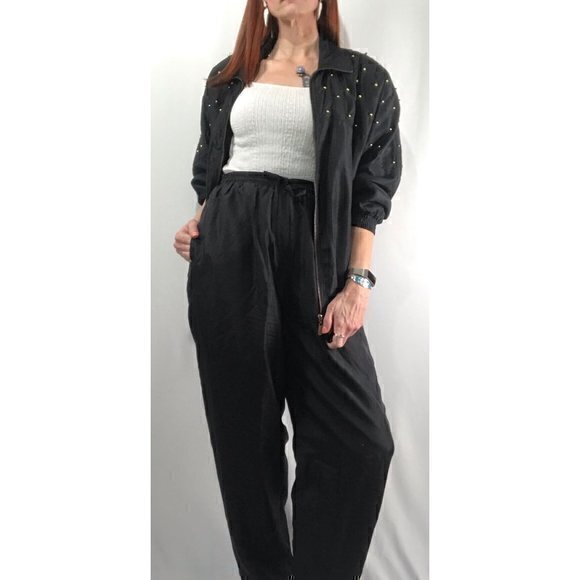 Vintage Fuda Silk Black Suit Embellished Tracksuit - Picture 1 of 12